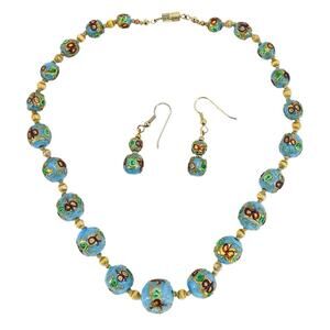 Antique Murano Wedding Cake Bead Necklace & Earring Set Blue Floral Bowties 16”